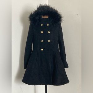 Liz Claiborne Black Peacoat with Flared Skirt and Detachable Fur Lined Hood